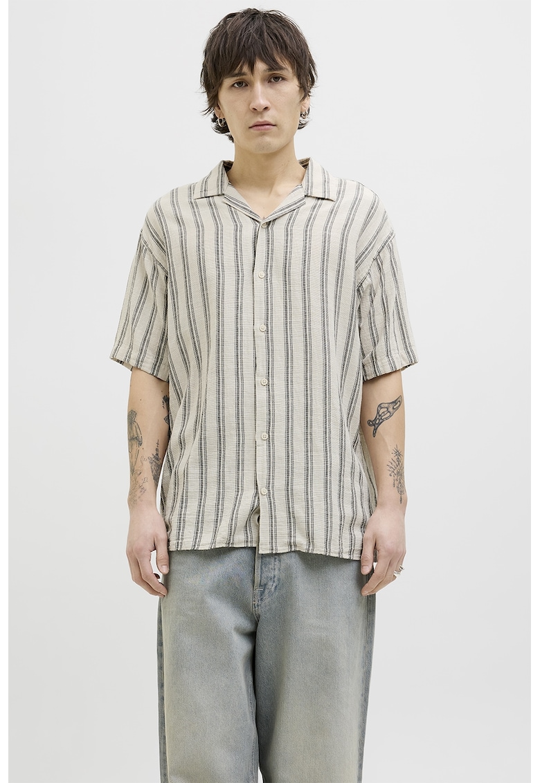 Camasa din bumbac cu model in dungi - Alb fildes/Gri inchis