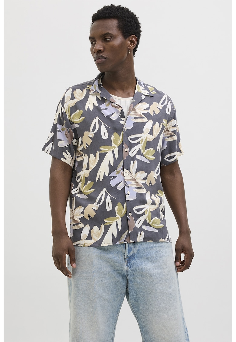 Camasa cu model floral - Alb fildes/Albastru deschis/Gri inchis