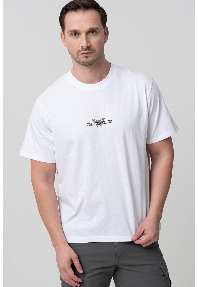 Tricou cu decolteu la baza gatului si imprimeu pe piept Recharge - Maro/Alb optic