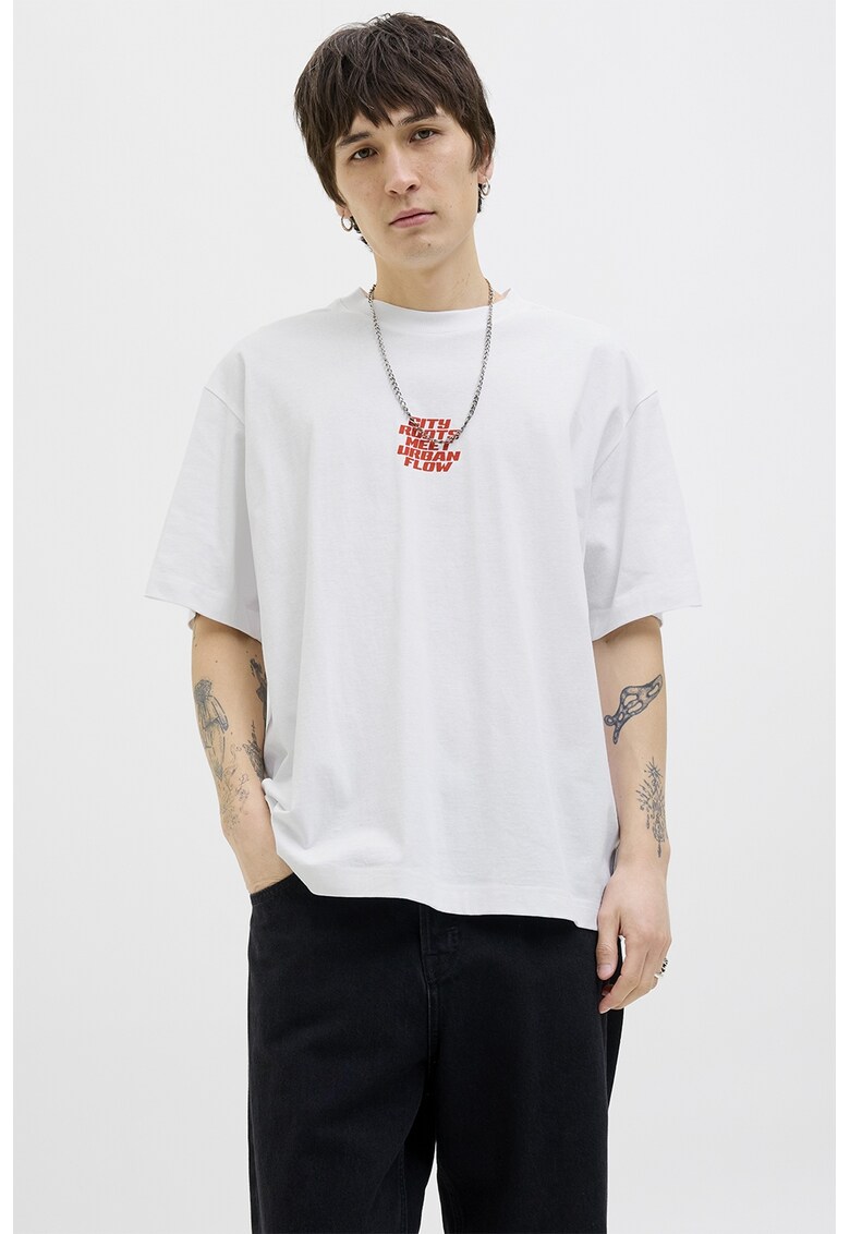 Tricou din bumbac cu decolteu la baza gatului - Alb/Rosu stins