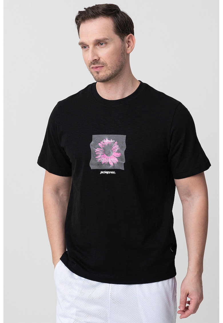 Tricou cu imprimeu grafic si decolteu la baza gatului