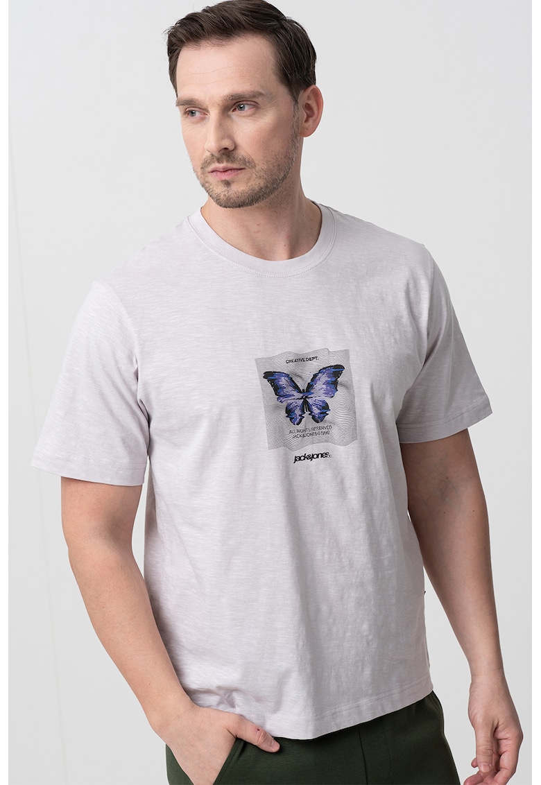 Tricou cu imprimeu grafic si decolteu la baza gatului - Negru/Gri deschis melange/Ametist