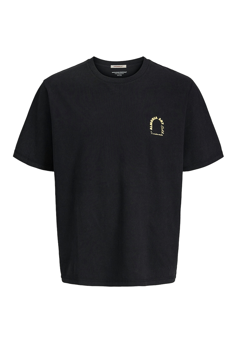 Tricou cu decolteu la baza gatului si imprimeu - Negru/Portocaliu persan/Albastru