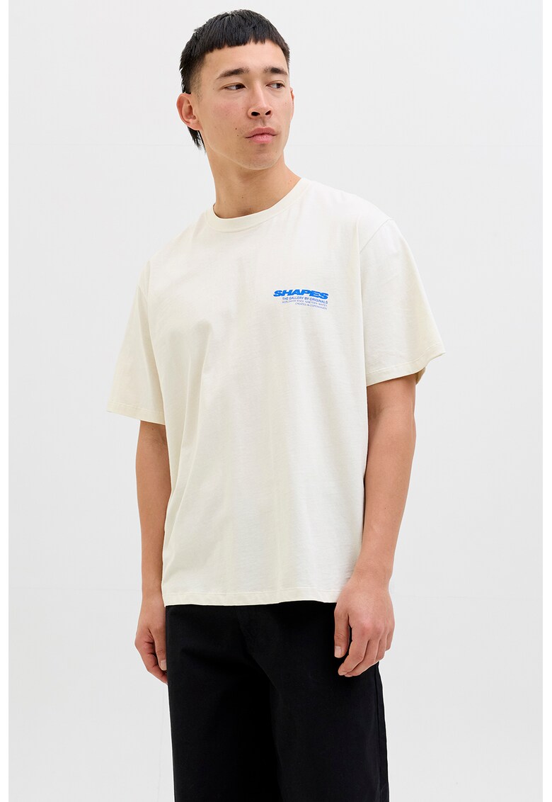 Tricou cu decolteu la baza gatului si imprimeu pe partea din spate - Alb murdar/Roz/Albastru