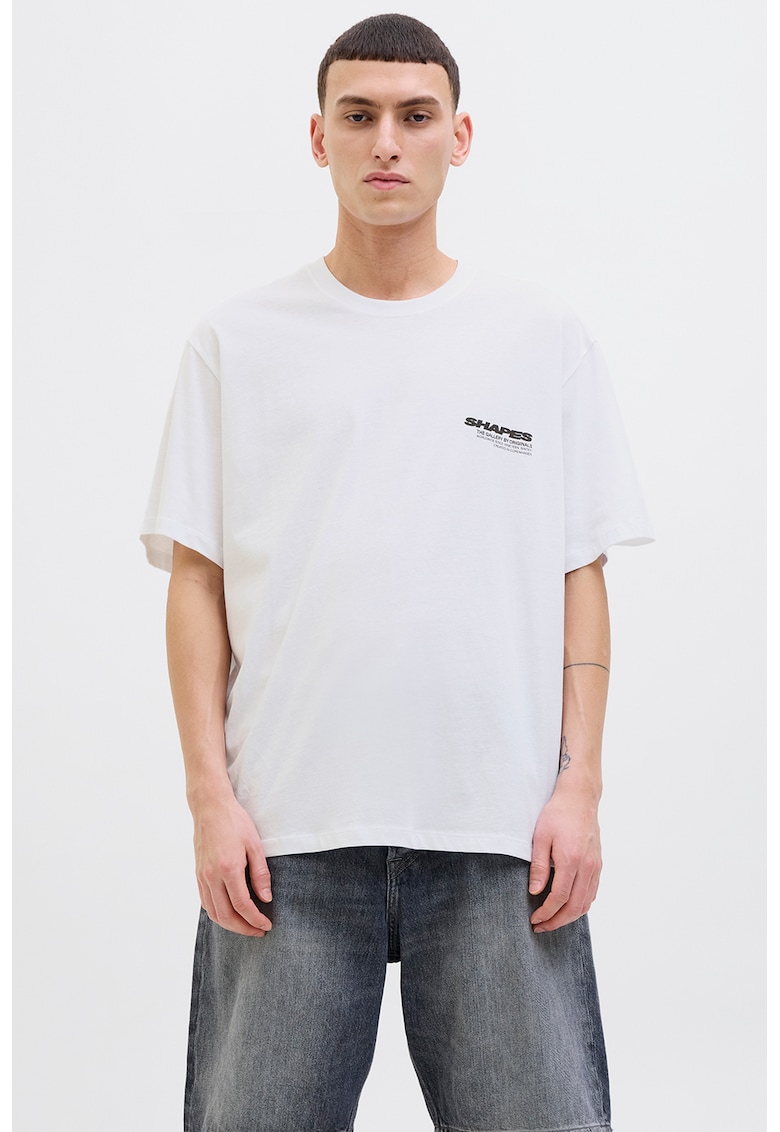 Tricou cu decolteu la baza gatului si imprimeu pe partea din spate - Alb/Negru/Portocaliu mandarina