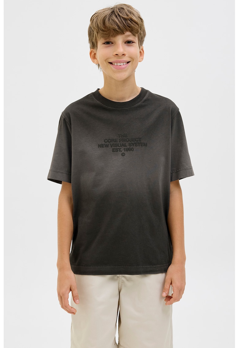 Tricou cu decolteu la baza gatului si imprimeu text - Negru stins/Maro nisip