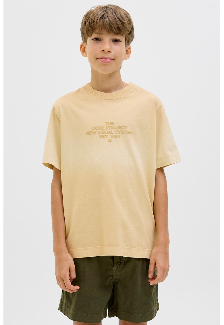 Tricou cu decolteu la baza gatului si imprimeu text - Galben pai