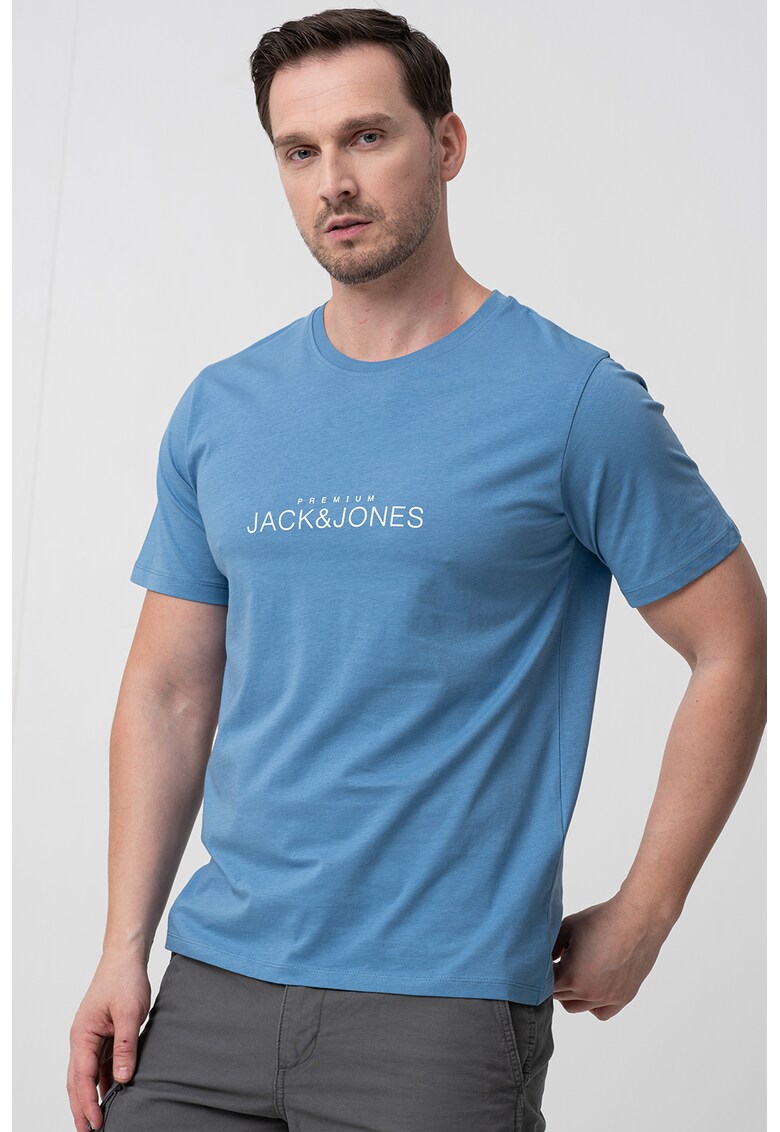 Tricou de bumbac cu decolteu la baza gatului - Alb/Albastru deschis