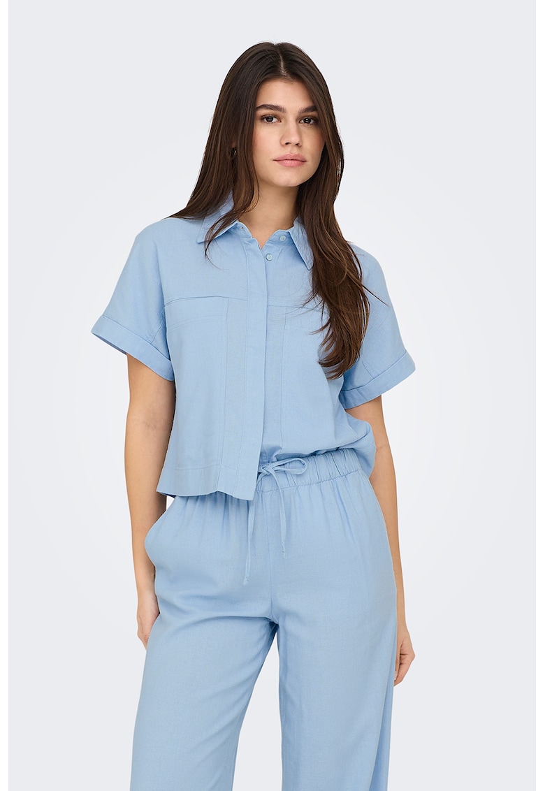 Camasa din amestec de in cu maneci scurte si buzunar aplicat