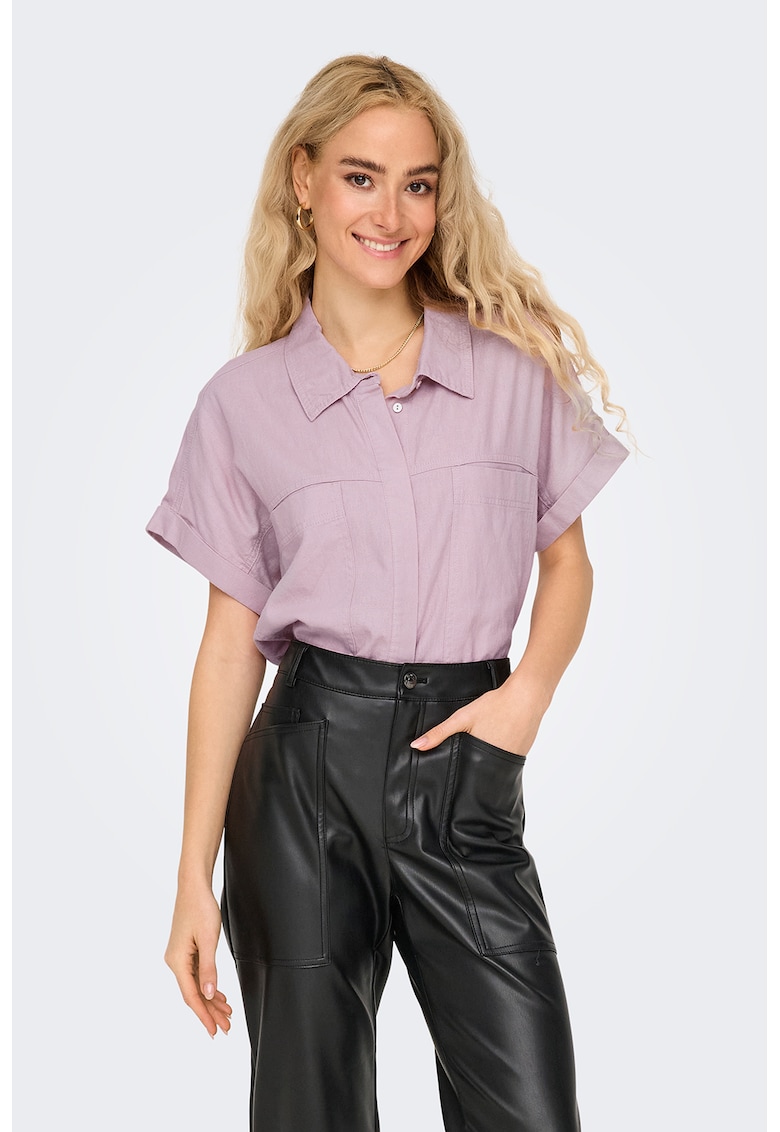 Camasa din amestec de in cu maneci scurte si buzunar aplicat