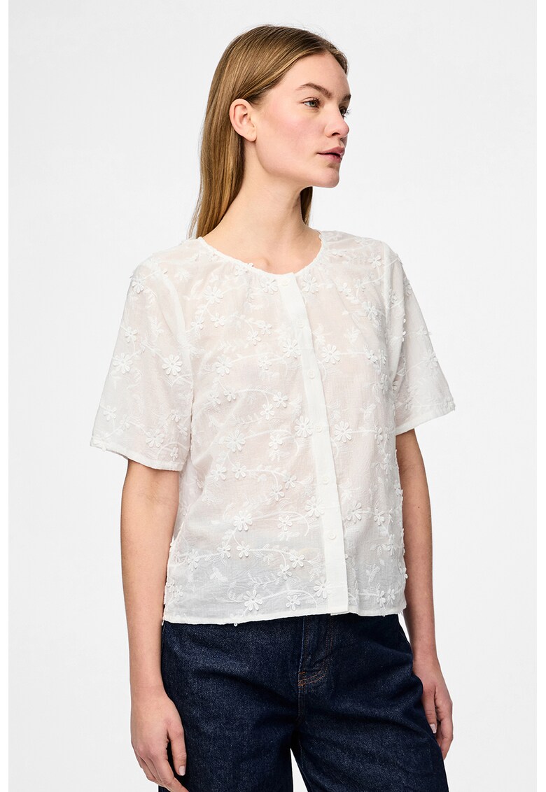 Camasa cu maneci scurte si aplicatii florale - Alb