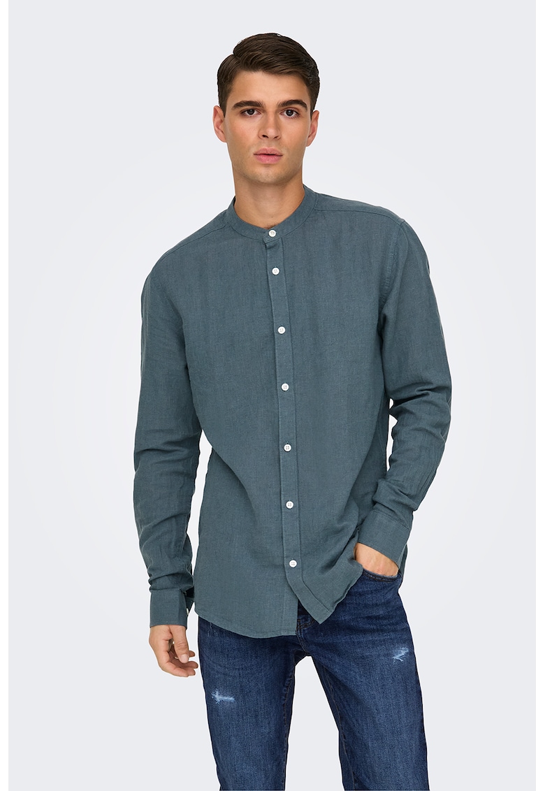 Camasa slim fit din amestec de in cu guler Mao