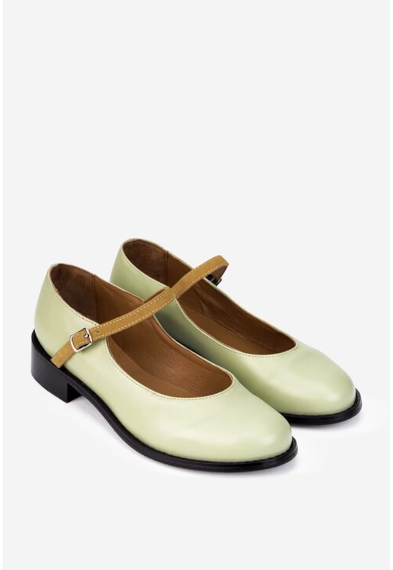 Pantofi dama verzi din piele naturala cu bareta maro