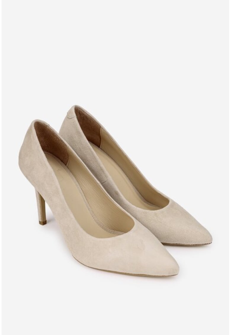 Pantofi dama din piele intoarsa bej cu toc subtire