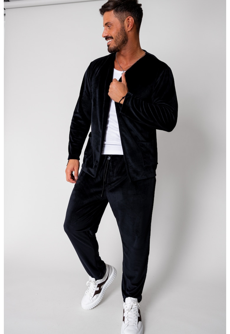 Set Jacheta tip kimono si pantalon lung din catifea Black 15732