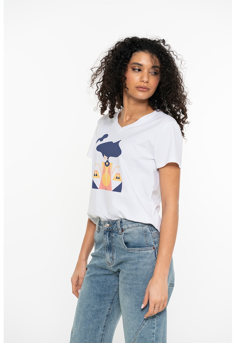 Tricou cu imprimeu si decolteu la baza gatului - Alb/Albastru indigo