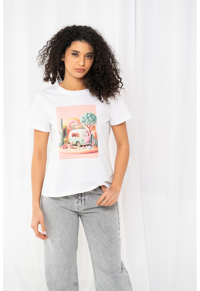 Tricou cu imprimeu si decolteu la baza gatului - Alb/Roz somon