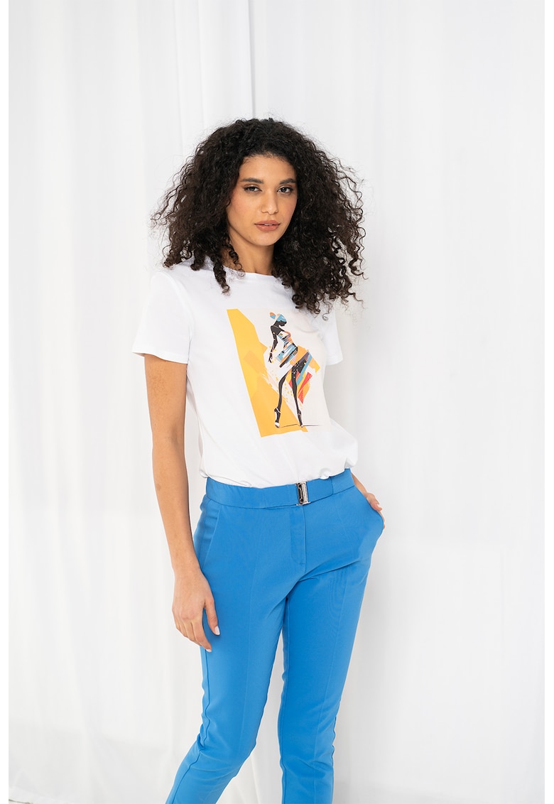 Tricou cu imprimeu si decolteu la baza gatului - Alb/Galben mustar