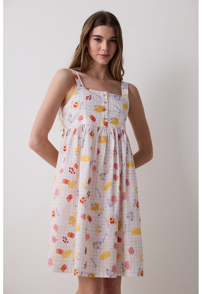 Camasa de noapte cu decolteu patrat - Rosu/Alb/Galben