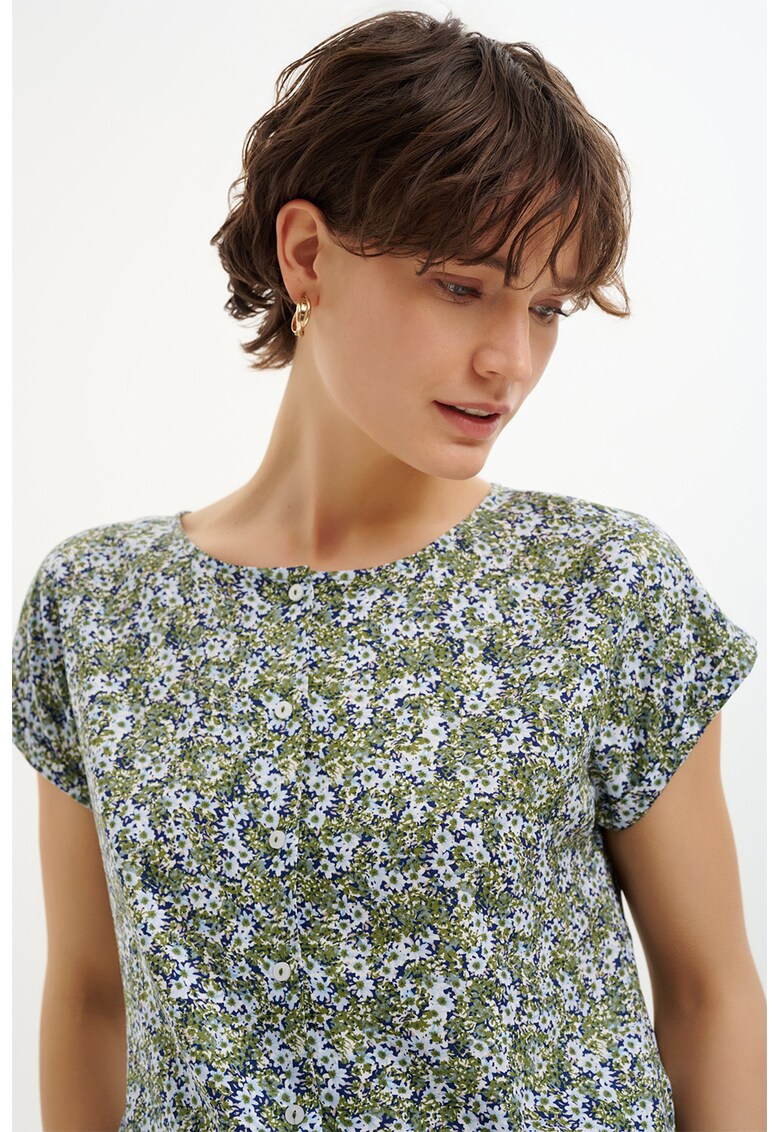 Camasa cu model si maneci scurte - Albastru deschis/Verde sparanghel