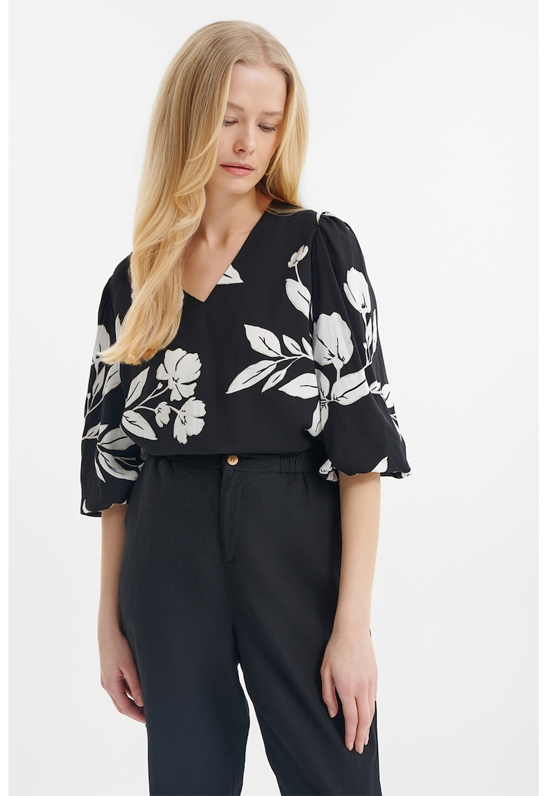 Bluza cu model si decolteu in V - Negru/Alb murdar