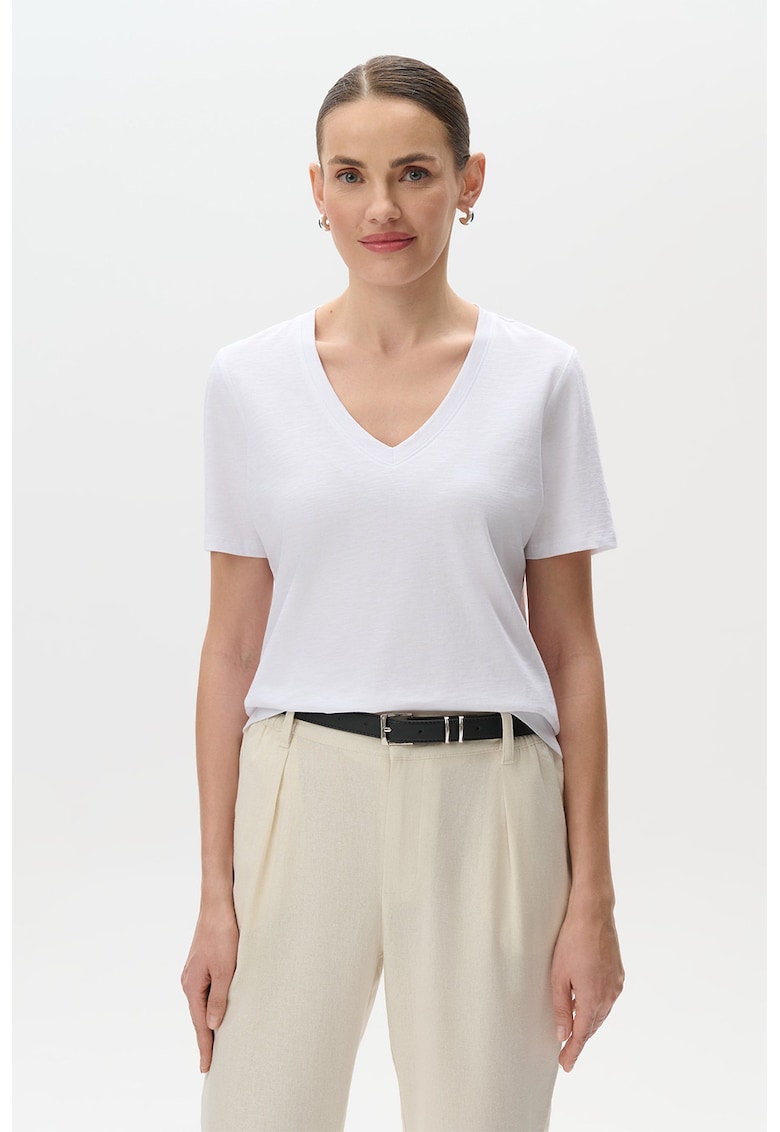 Tricou de bumbac cu decolteu in V - Alb fildes