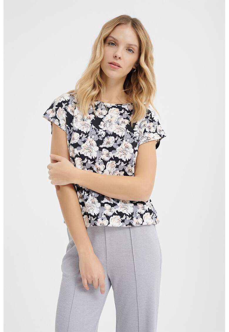 Tricou cu decolteu la baza gatului si imprimeu - Negru/Gri deschis/Alb optic