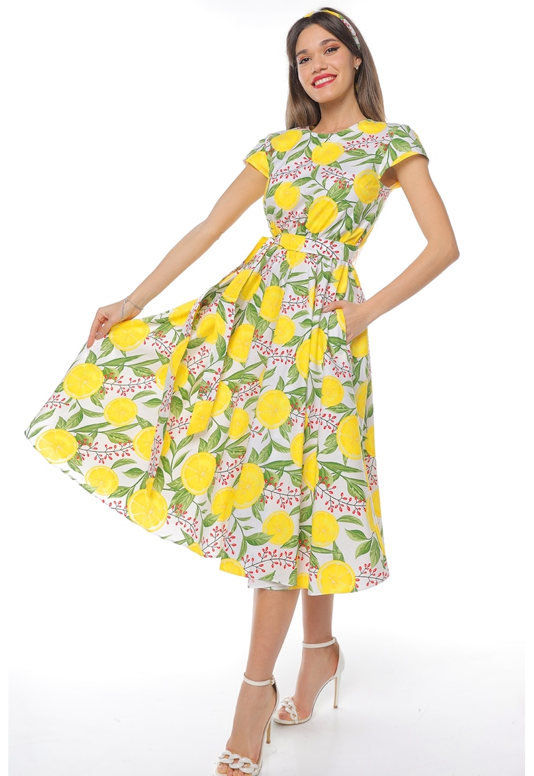 Rochie midi cu croiala evazata si maneci scurte