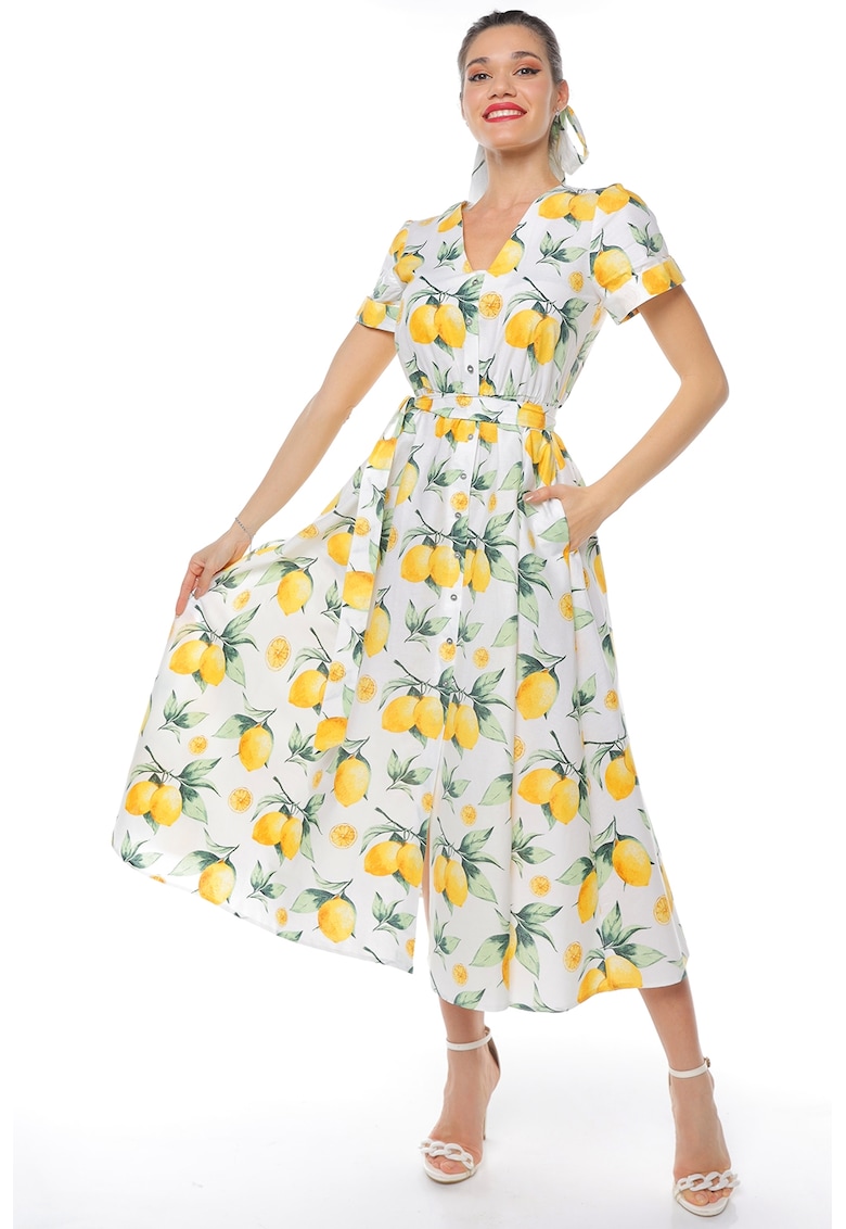 Rochie-camasa cu cordon in talie - Alb/Galben