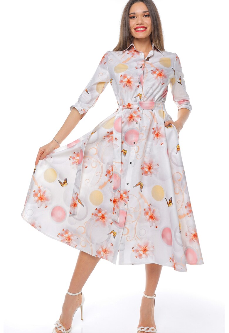 Rochie-camasa evazata cu cordon in talie - Alb/Roz