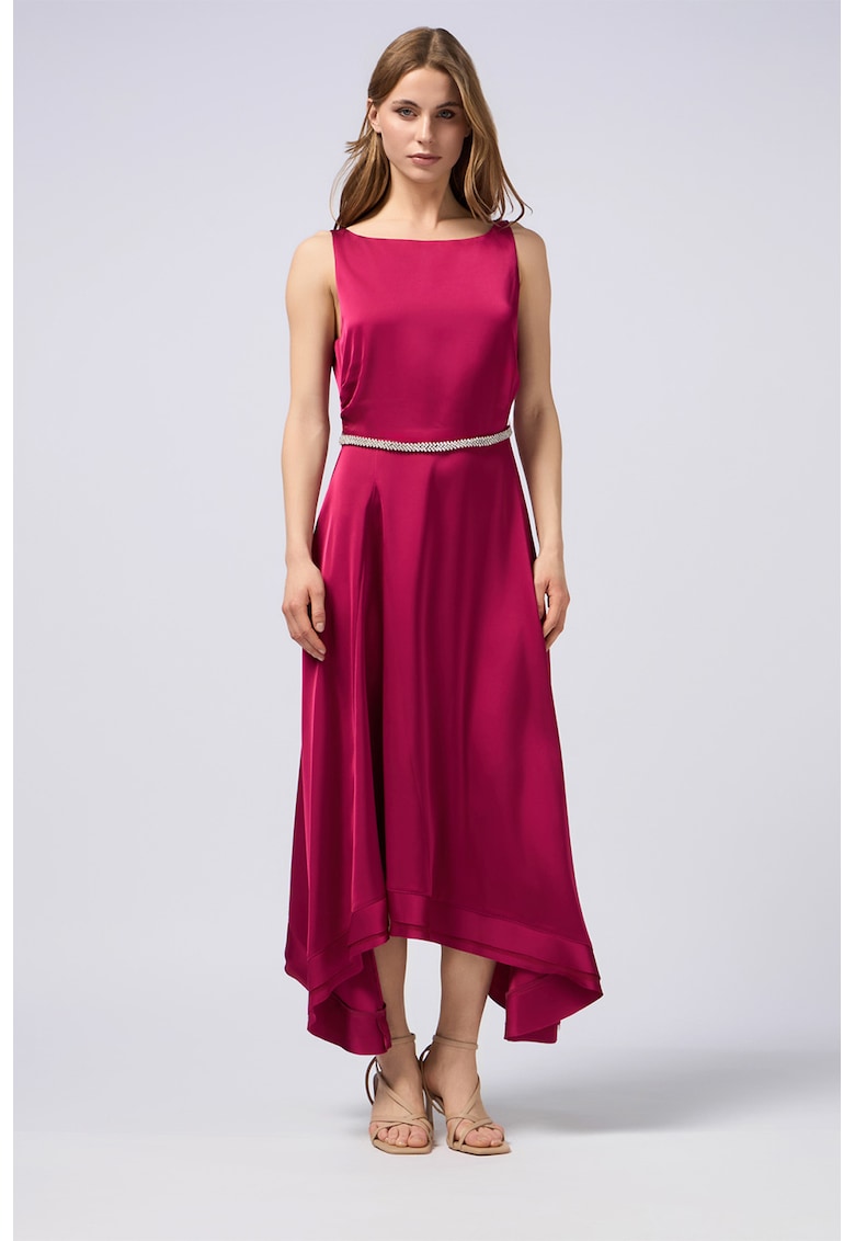 Rochie midi satinata cu terminatie asimetrica - Roz zmeuriu