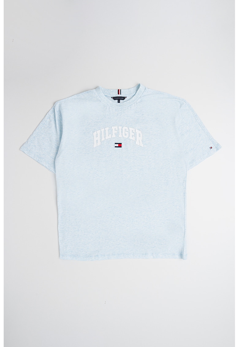 Tricou de bumbac cu imprimeu logo - Albastru deschis melange/Alb optic