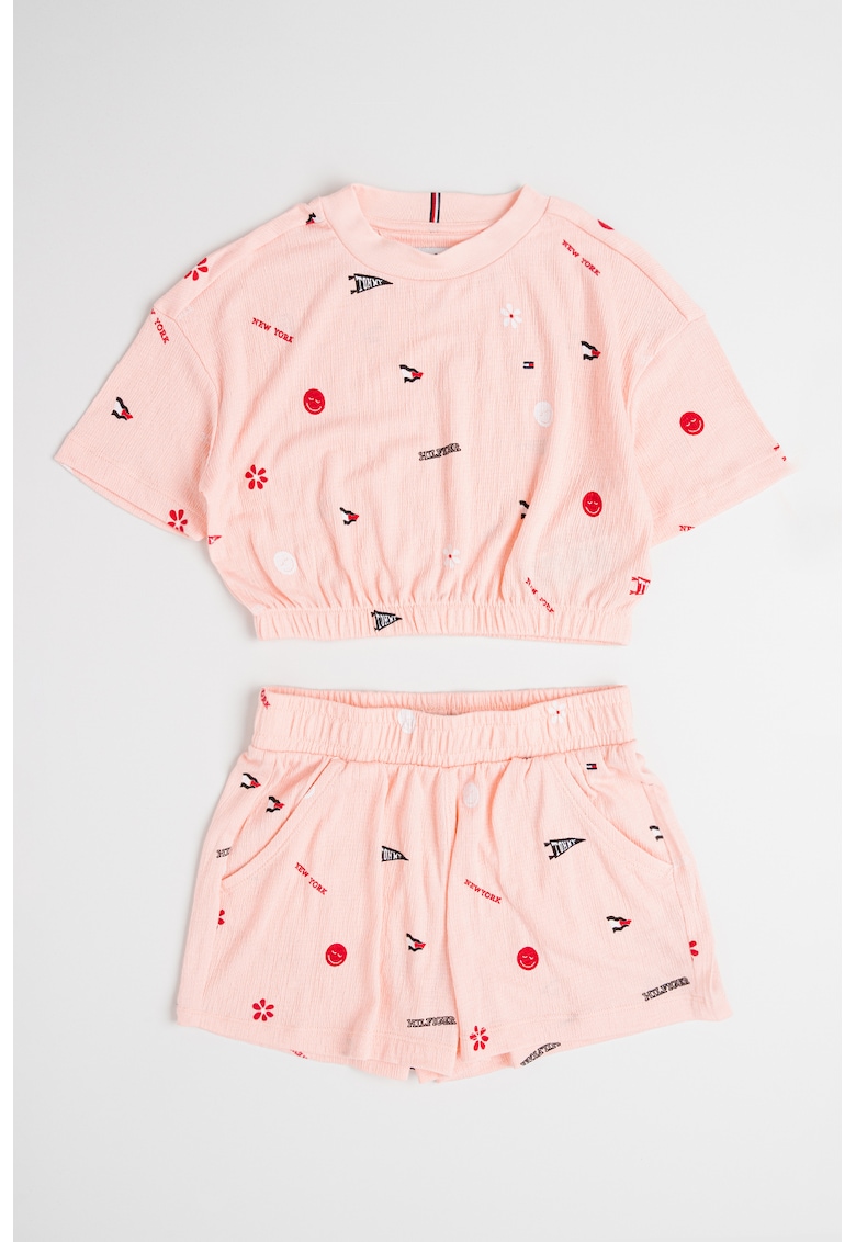 Set de tricou cu imprimeu si pantaloni scurti - 2 piese - Rosu/Negru/Roz pastel