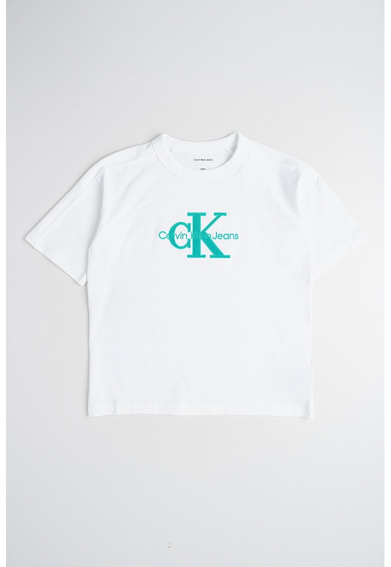 Tricou cu logo si decolteu la baza gatului - Alb/Verde