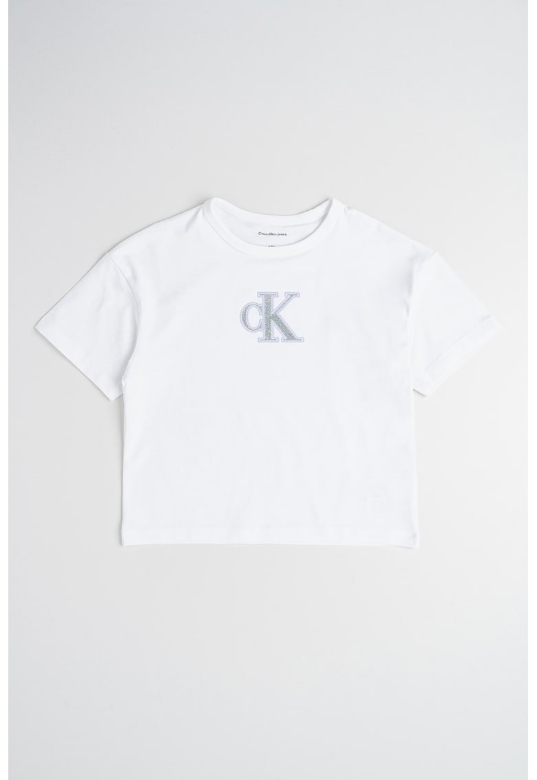 Tricou crop cu logo stralucitor - Alb/Argintiu