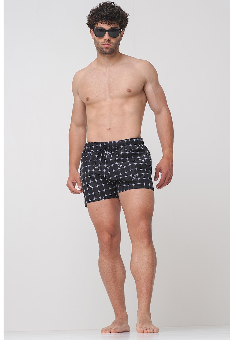 Pantaloni scurti de baie cu model in carouri - Negru stins/Albastru pal