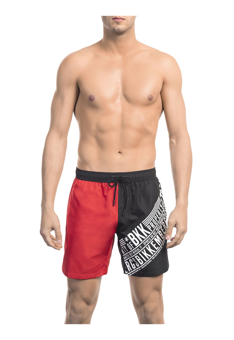 Pantaloni scurti de baie cu model colorblock si imprimeu logo