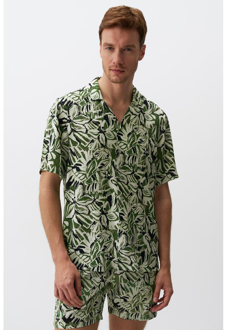 Camasa din amestec de in cu model si maneci scurte