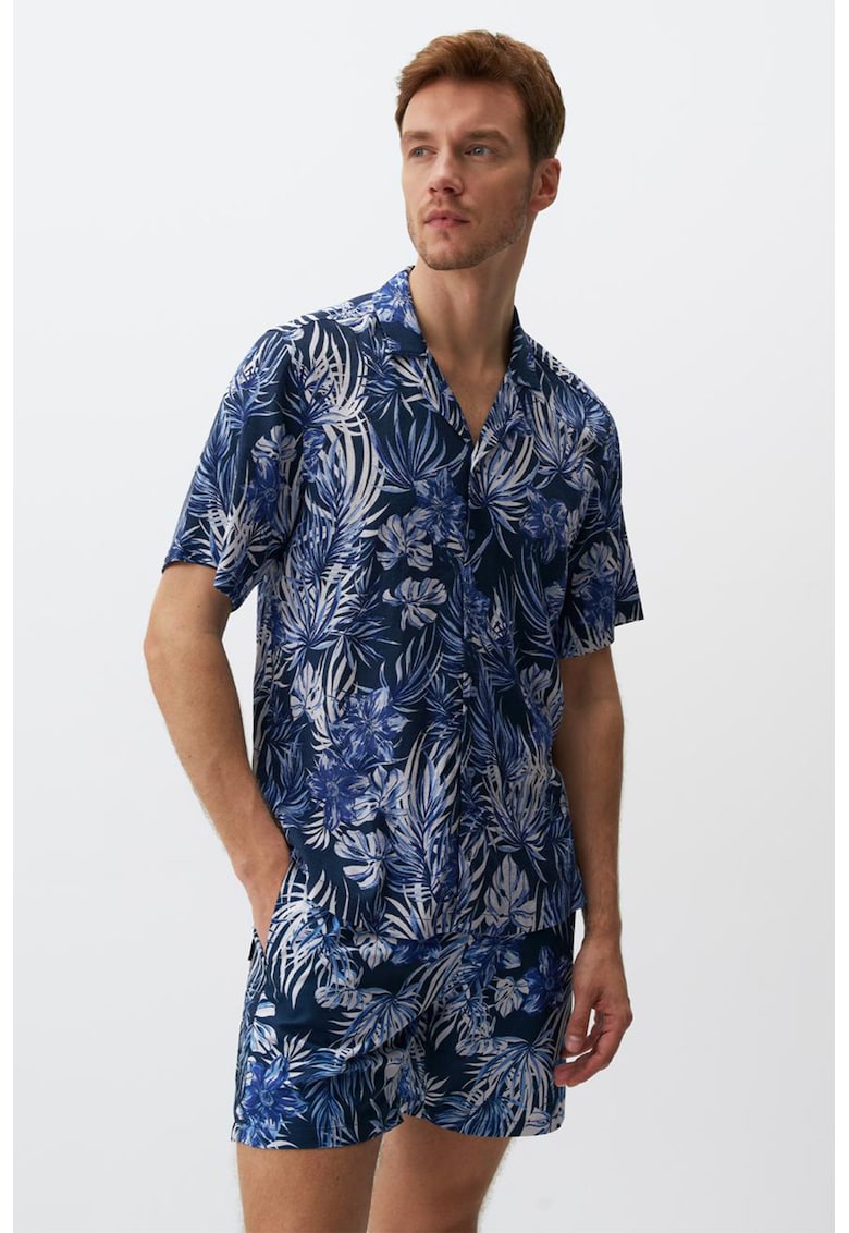 Camasa din amestec de in cu model si maneci scurte