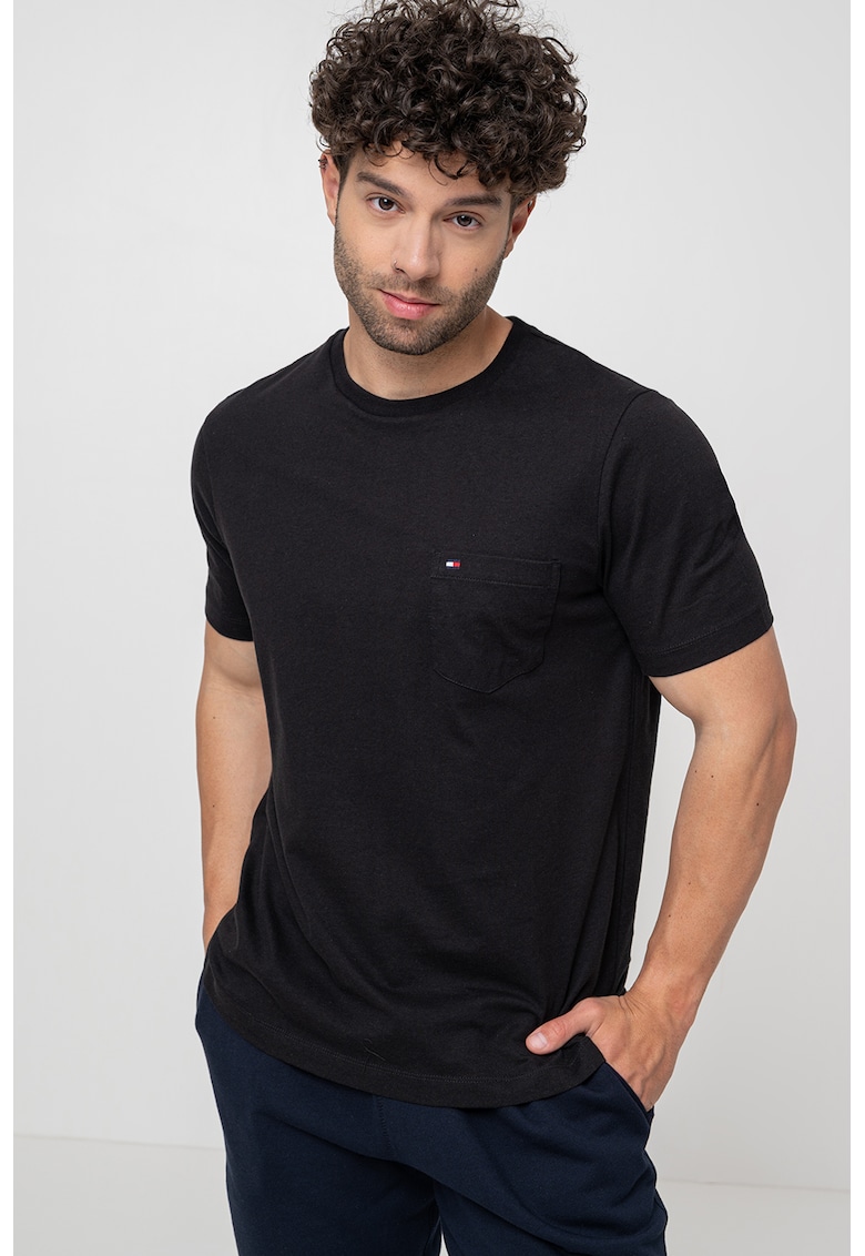 Tricou de bumbac cu buzunar pe piept Essential - Negru