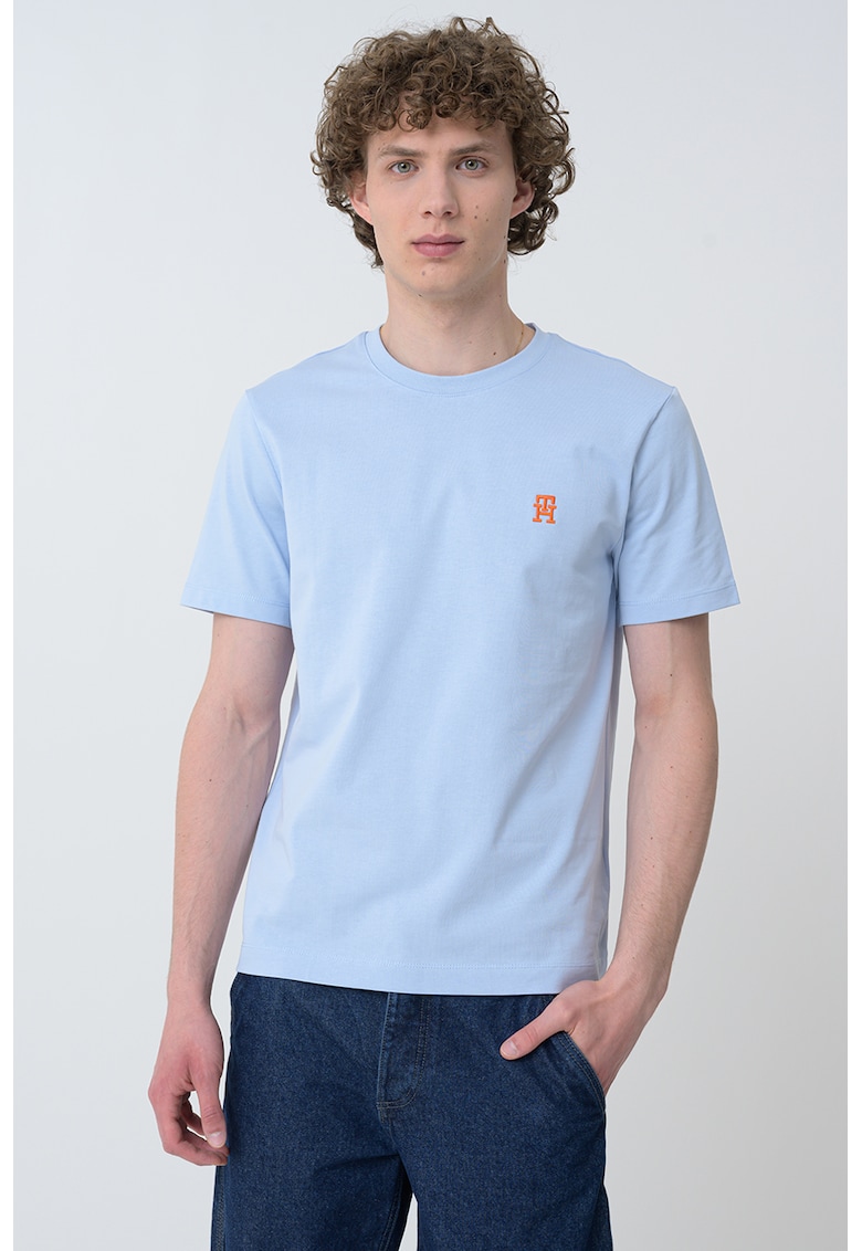 Tricou de bumbac cu decolteu la baza gatului - Albastru pastel