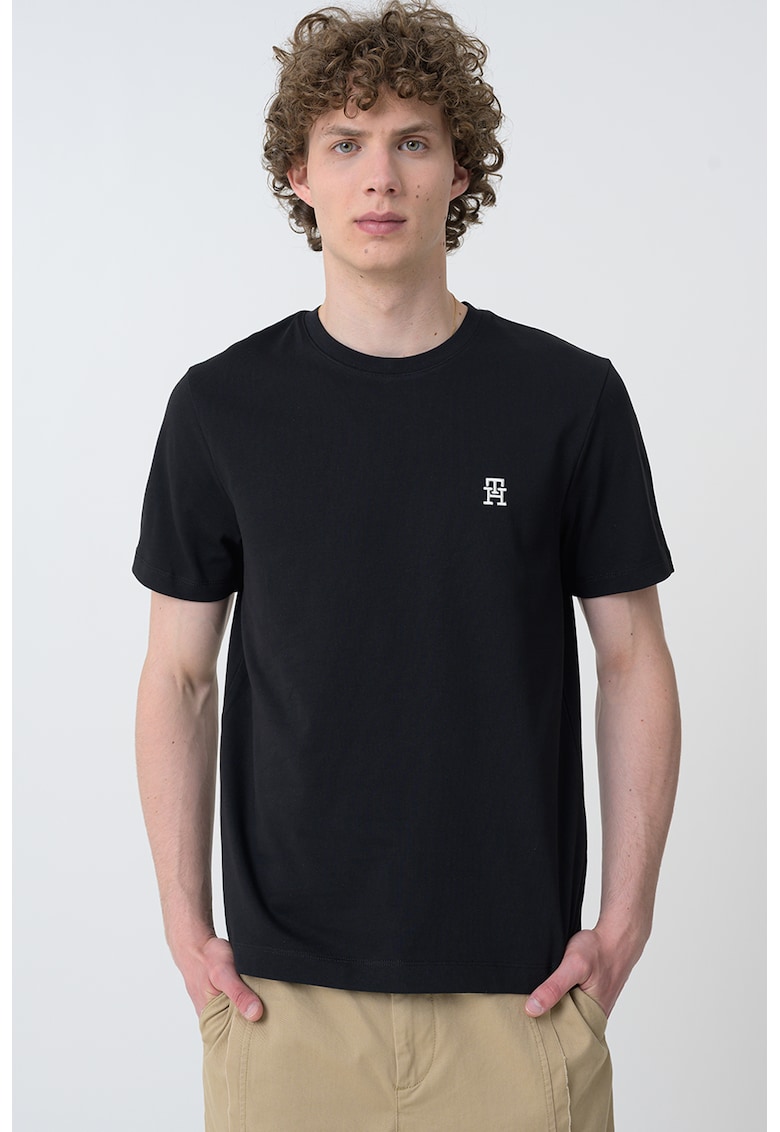 Tricou de bumbac cu decolteu la baza gatului - Negru