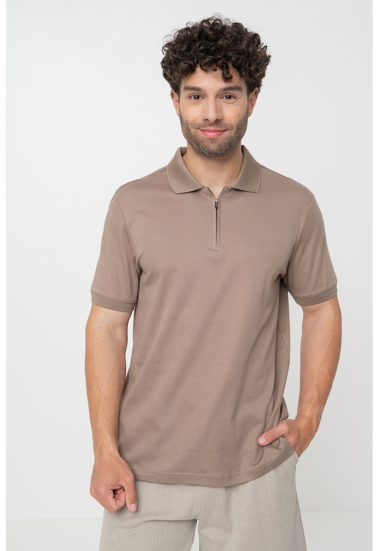 Tricou polo de bumbac organic cu fermoar scurt - Maro taupe
