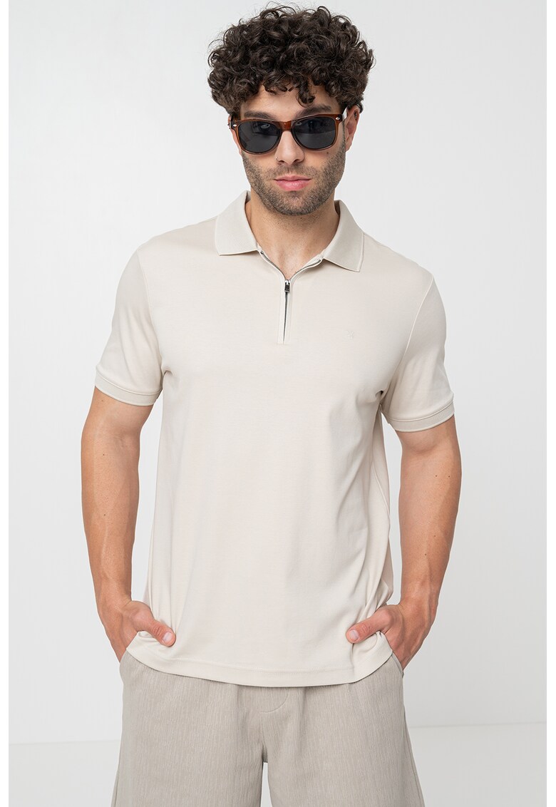 Tricou polo de bumbac organic cu fermoar scurt - Maro taupe deschis