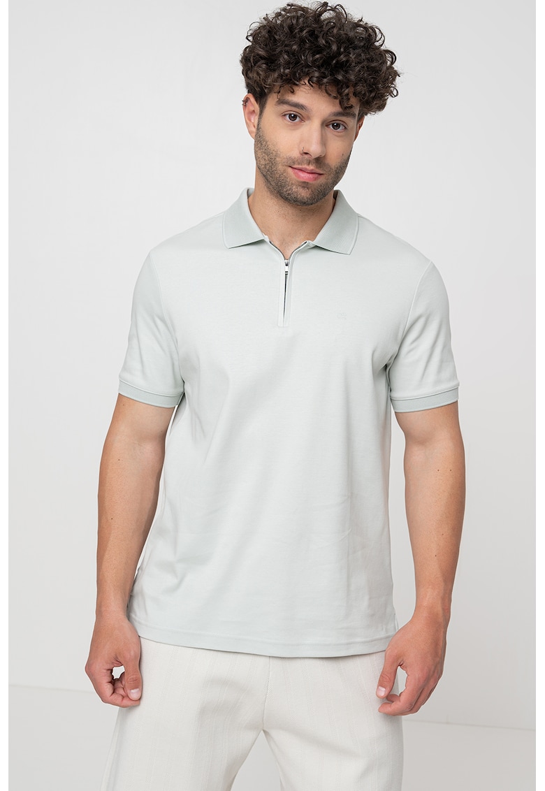 Tricou polo de bumbac organic cu fermoar scurt - Verde pal