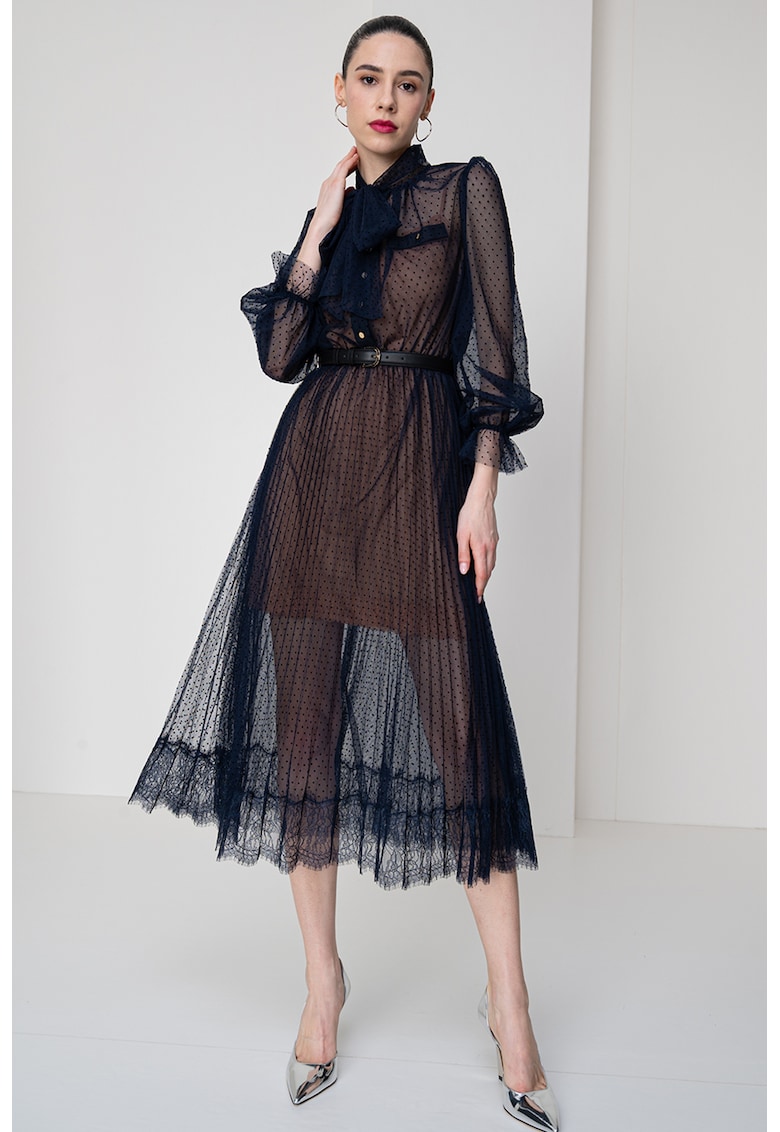 Rochie midi cu garnitura din dantela si model cu buline
