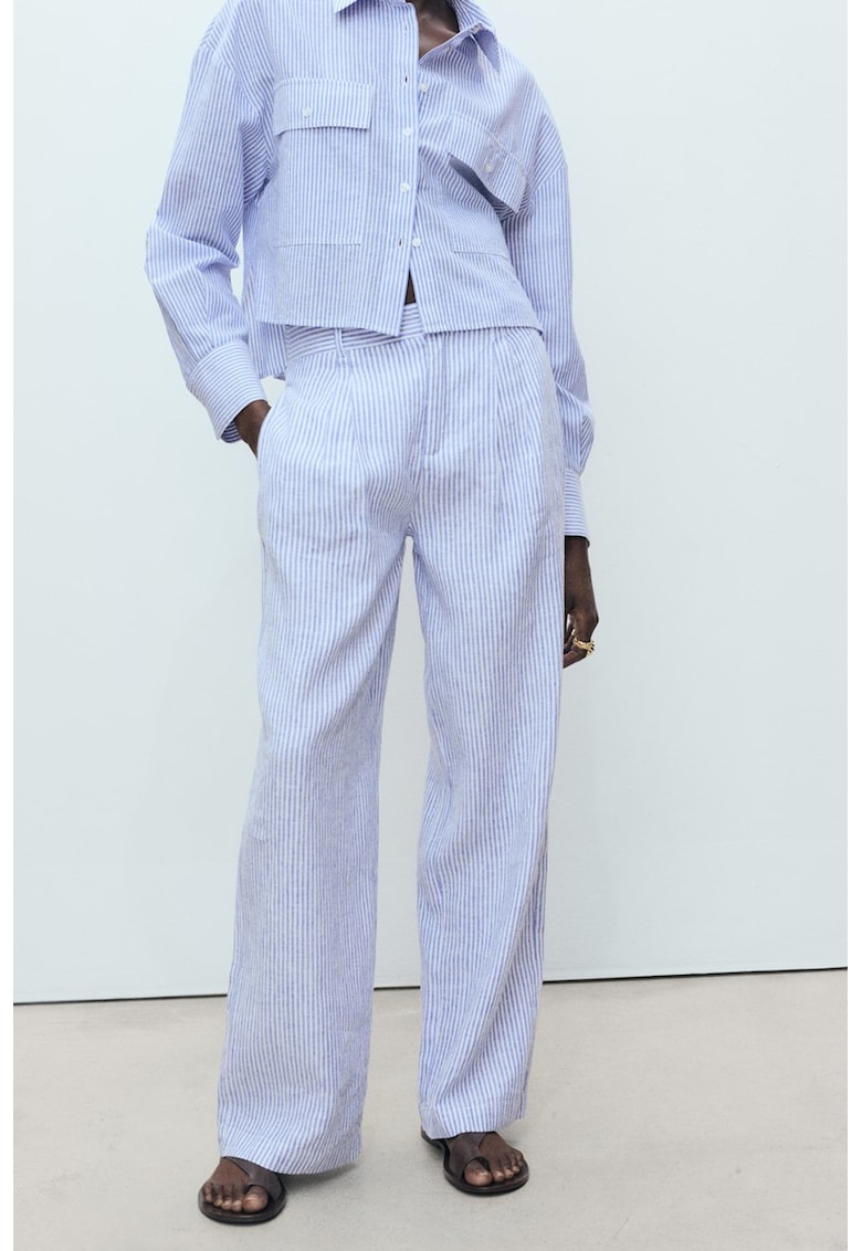 Pantaloni din amestec de in cu model in dungi si croiala dreapta