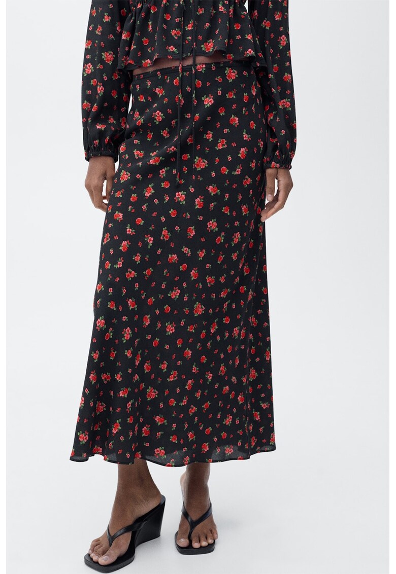 Fusta maxi cu croiala dreapta si model floral - Rosu/Negru