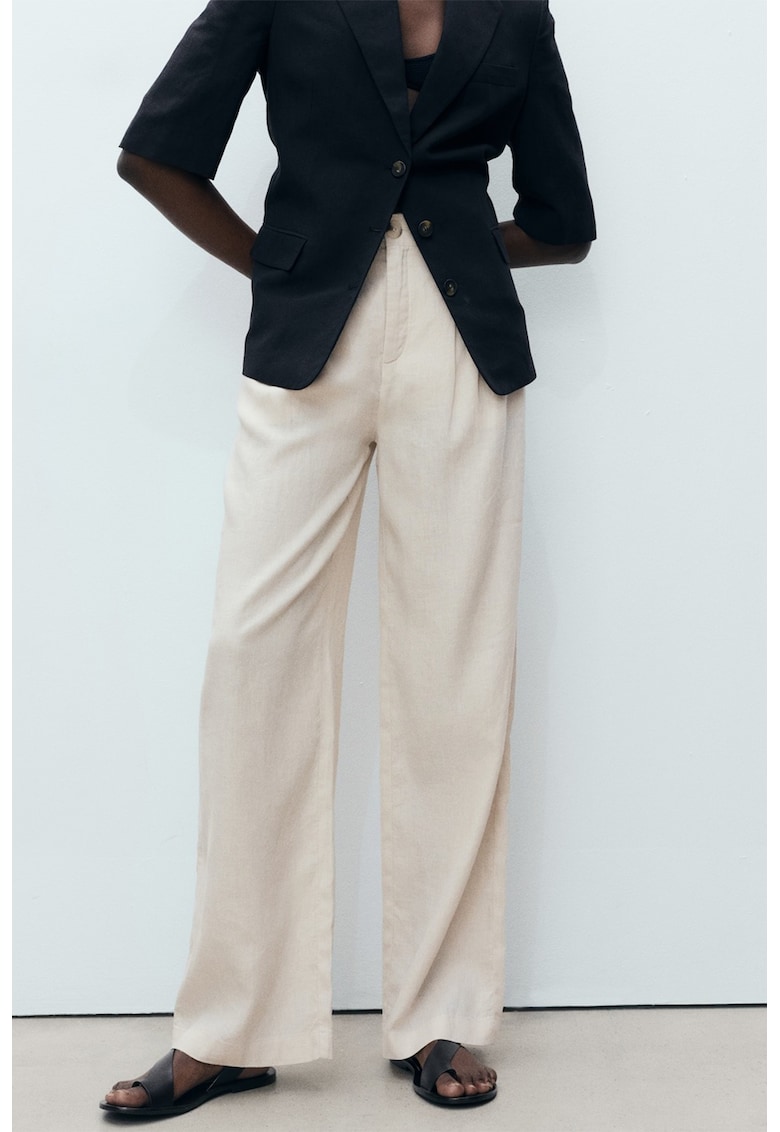 Pantaloni din amestec de in cu croiala ampla - Alb fildes