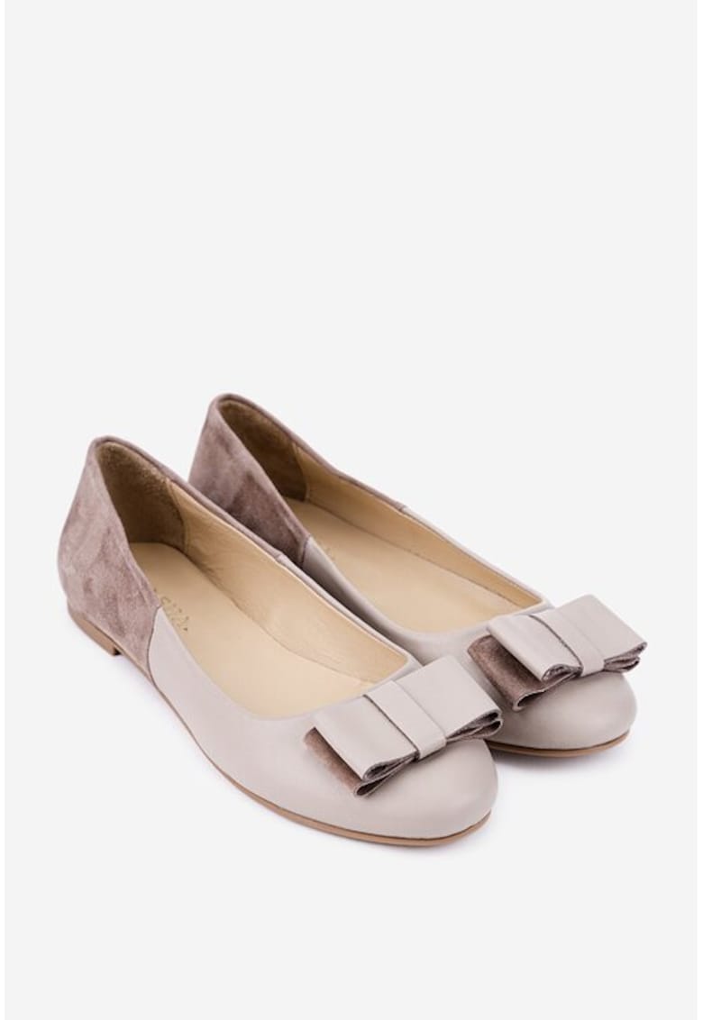 Balerini dama taupe din doua tipuri de piele cu ornament funda